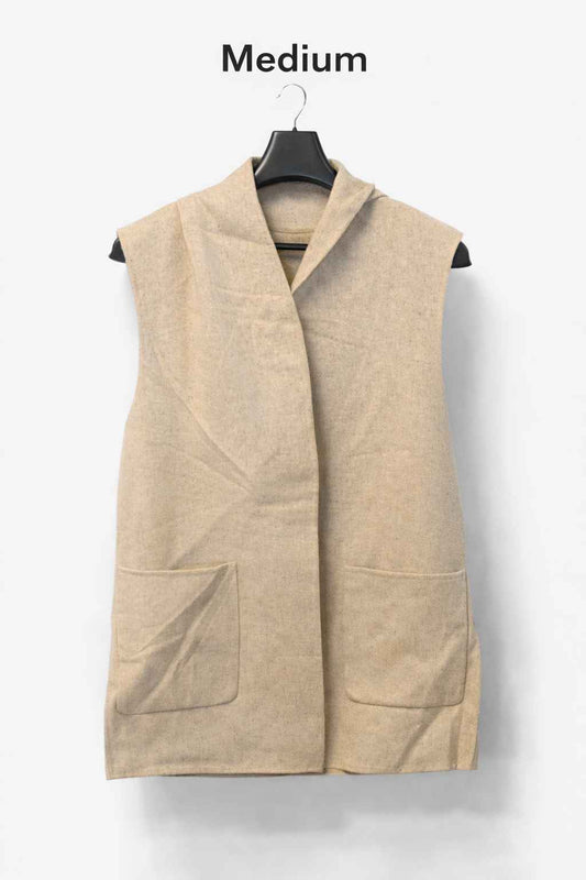 Beige Women’s Sleeveless Thrifted Wool Blend Long Vest | Size Medium | Kashmir Thrifts
