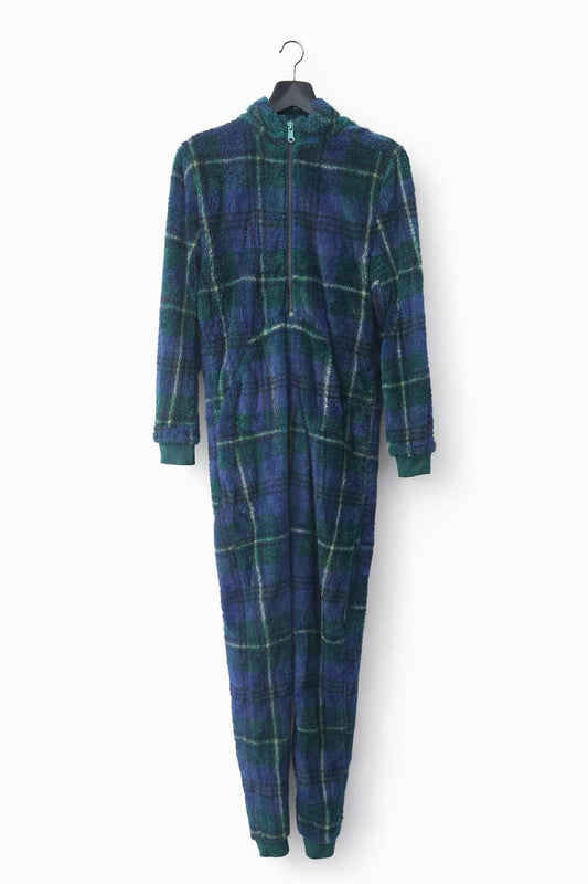 Blue & Green Plaid Fleece Onesie for Adults | Cozy Winter Sleepwear