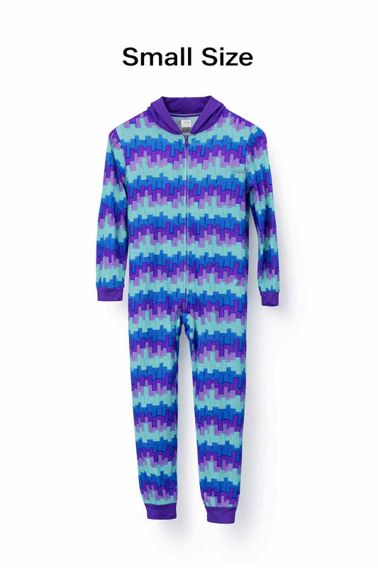Blue & Purple Geometric Onesie – Small Size Hooded Winter Fleece Jumpsuit