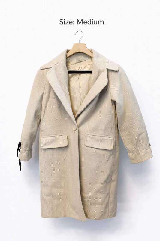 Cream Women’s Thrifted Herringbone Wool Blend Coat | Medium | Kashmir Thrifts