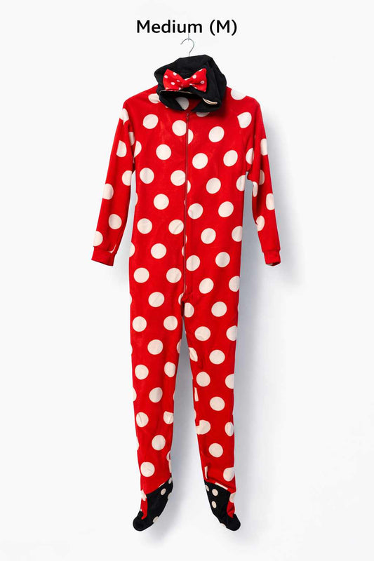Red Polka Dot Hooded Onesie – Medium Size Winter Fleece Jumpsuit