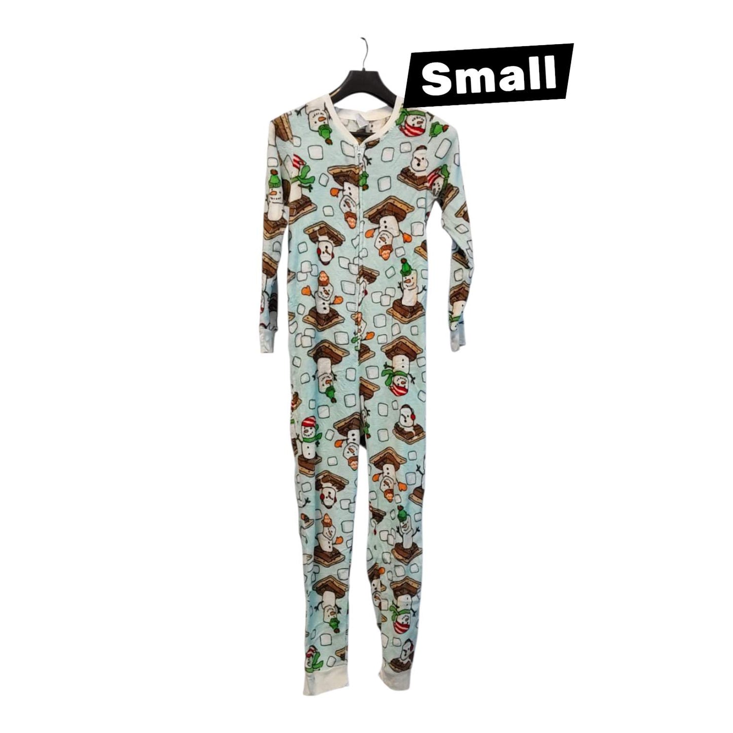 Snowman Print Zip-Up Onesie for Women – Small Size Cozy Pajama