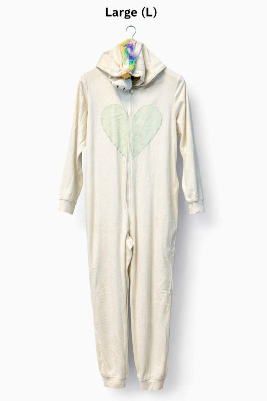White Unicorn Heart Onesie – Large Size Hooded Winter Fleece Jumpsuit