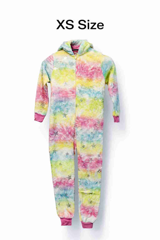 Women Rainbow Multicolor Fleece Onesie Jumpsuit – Cozy Winter Sleepwear (XS Size) | Kashmir Thrifts