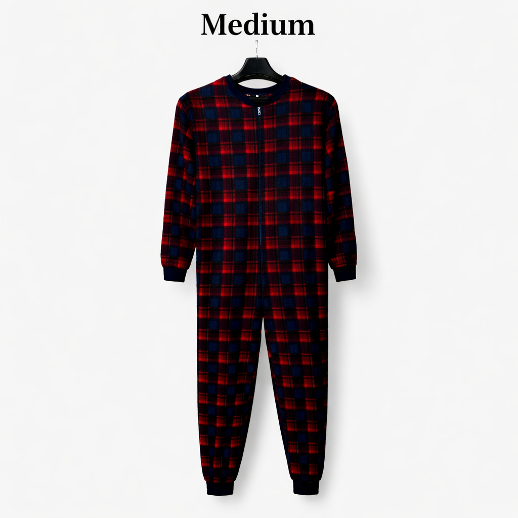Red & Black Checkered Winter Fleece Onesie for Adults | Hooded Cozy Sleepwear
