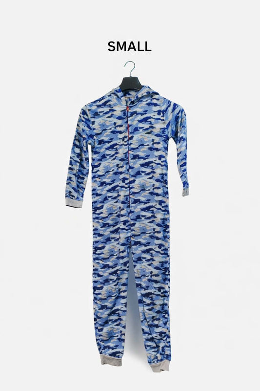 Women’s Blue Camouflage Fleece Jumpsuit – Winter Onesie (Small) | Kashmir Thrifts